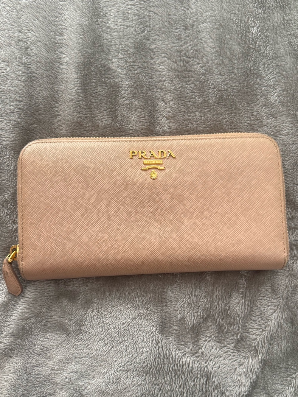 Prada Zip-Around Saffiano Wallet in Light Pink with Gold Logo